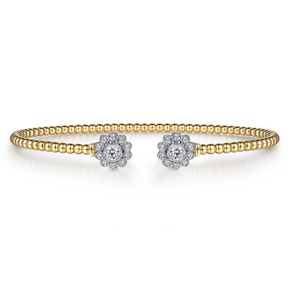 14K White&Yellow Gold Bujukan Split Cuff Bracelet with Diamond Flowers Caps - Gabriel & Co. - Gaines Jewelers