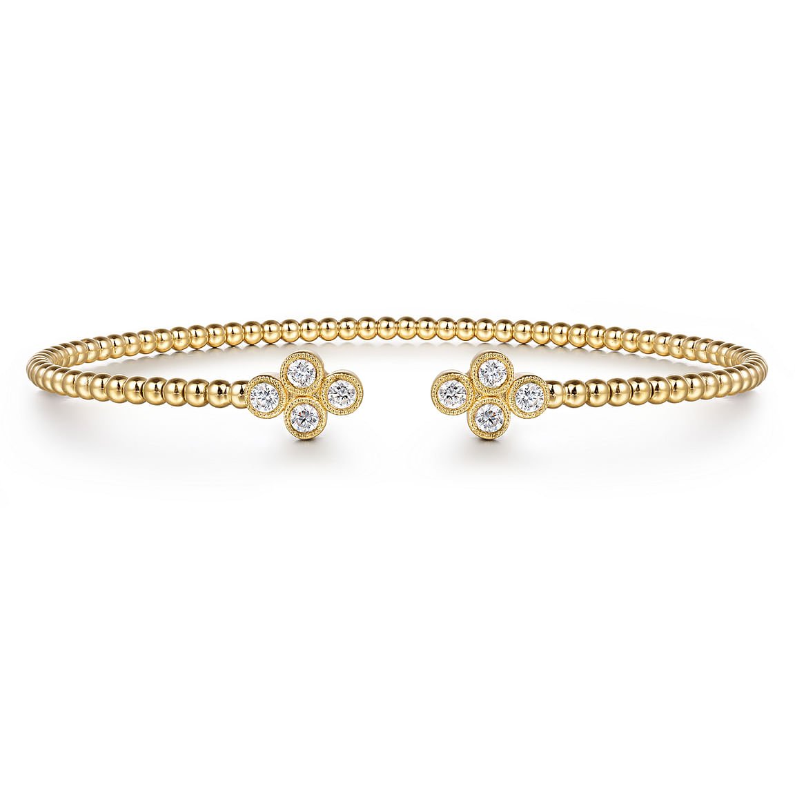 14K Yellow Gold Bujukan Bead Split Cuff Bracelet with Quatrefoil Diamond Endcaps - Gaines Jewelers