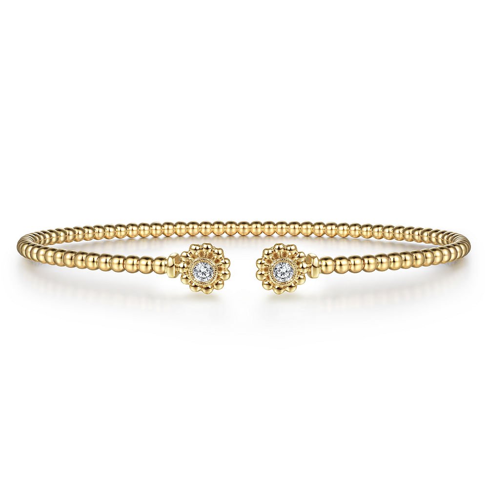 14K Yellow Gold Bujukan Split Cuff Bracelet with Diamond Flower Caps - Gabriel & Co. - Gaines Jewelers