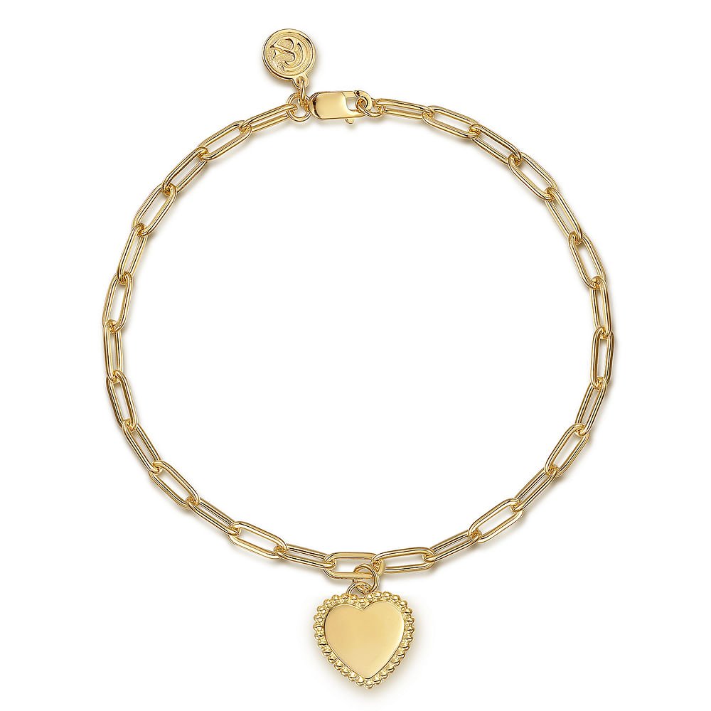 14K Yellow Plain Gold Paperclip Chain Bracelet with Personalized Bujukan Framed Heart Charm - Gaines Jewelers