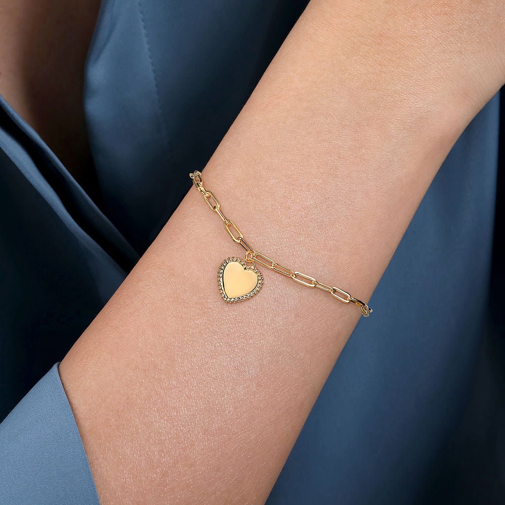 14K Yellow Plain Gold Paperclip Chain Bracelet with Personalized Bujukan Framed Heart Charm - Gaines Jewelers