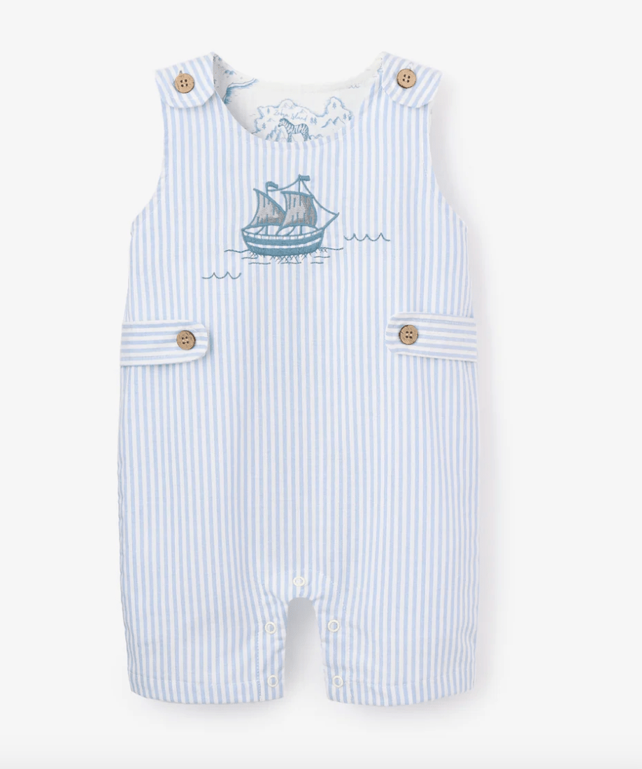 Boat Embroidered Oxford Stripe Jon Jon 12 - 18 M - Elegant Baby - Gaines Jewelers