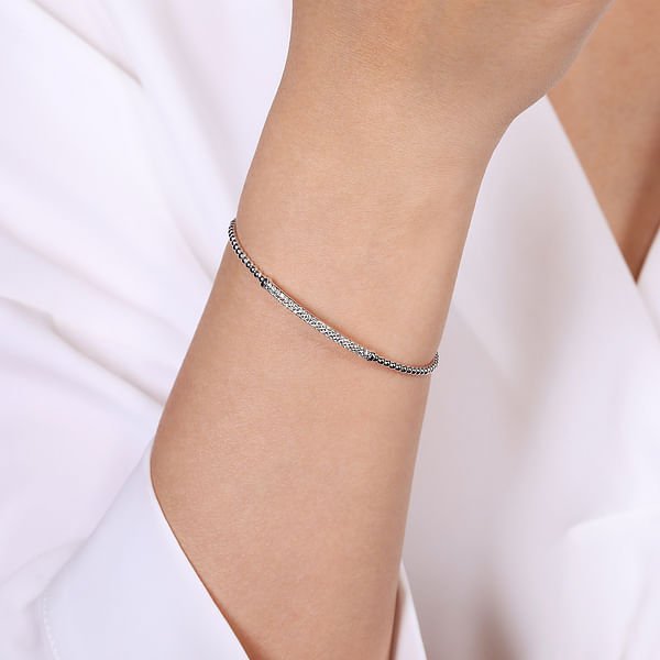 Bracelet - 14kt white gold bead cuff pave' diamond bar on top - Gaines Jewelers
