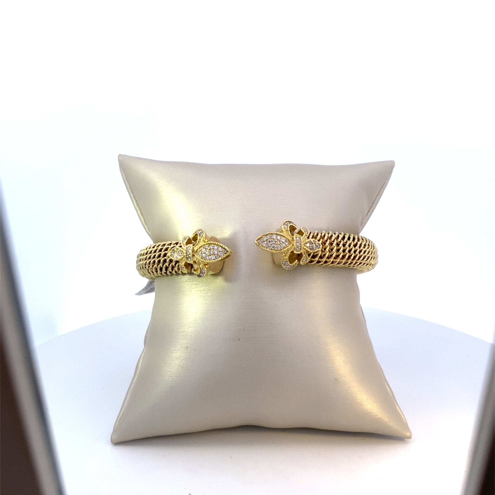 ****Bracelet bangle with tubular mesh & diamond fleur de lisle 14kt yellow gold - Gaines Jewelers