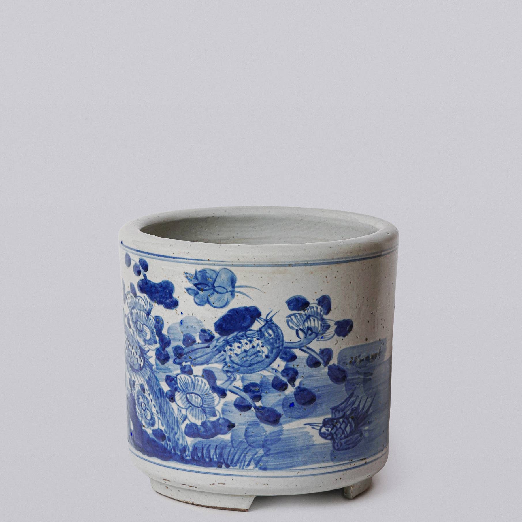 Cobalt Guild - Blue and White Porcelain Bird and Flower Footed Cachepot  - Gaines Jewelers