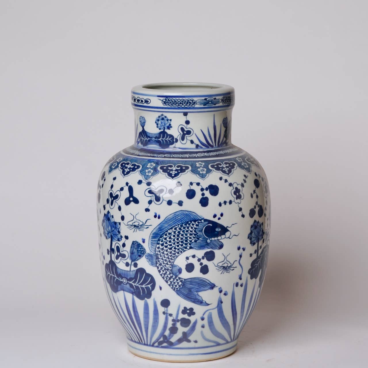 Cobalt Guild - Blue and White Porcelain Fish and Lotus Mallet Vase - Gaines Jewelers