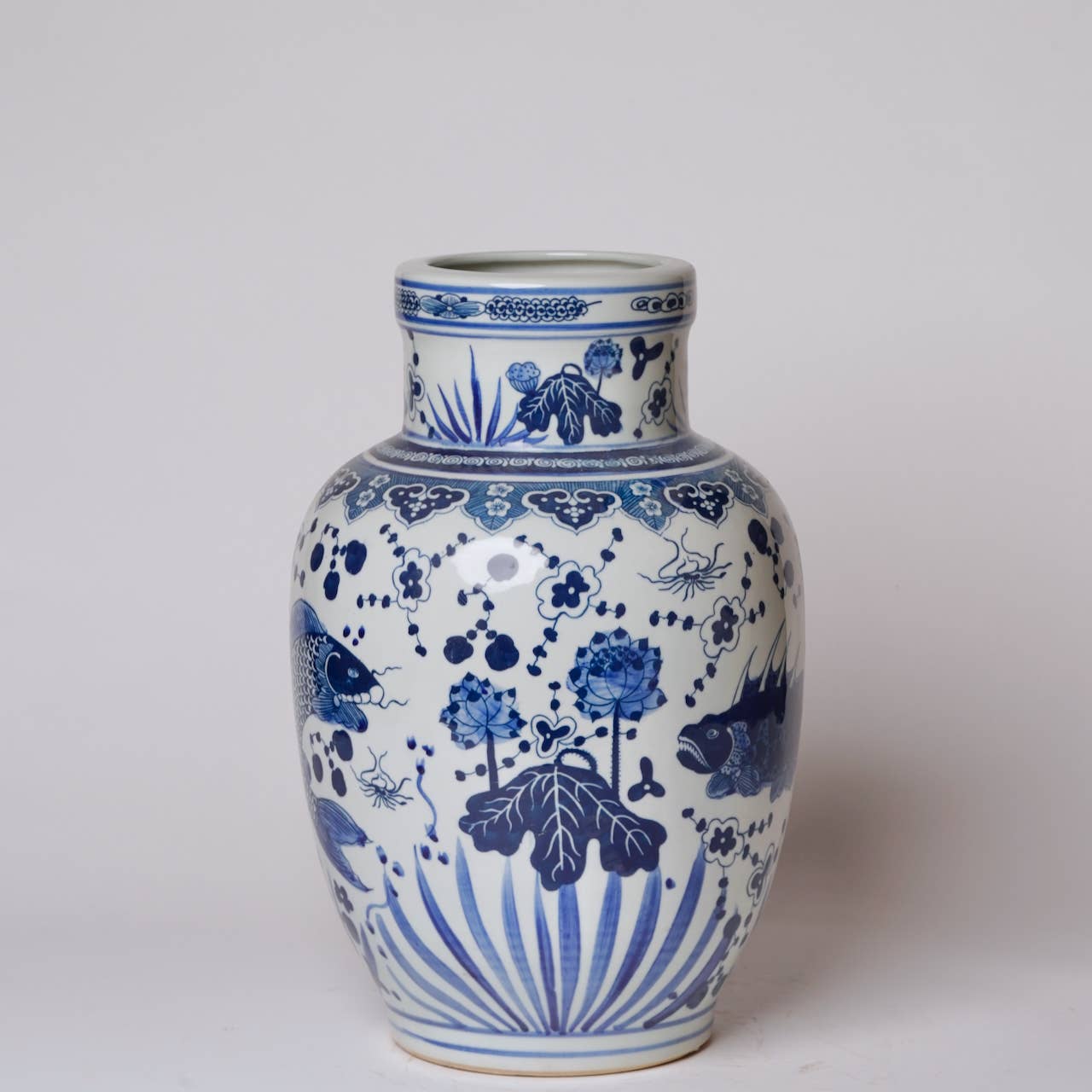 Cobalt Guild - Blue and White Porcelain Fish and Lotus Mallet Vase - Gaines Jewelers