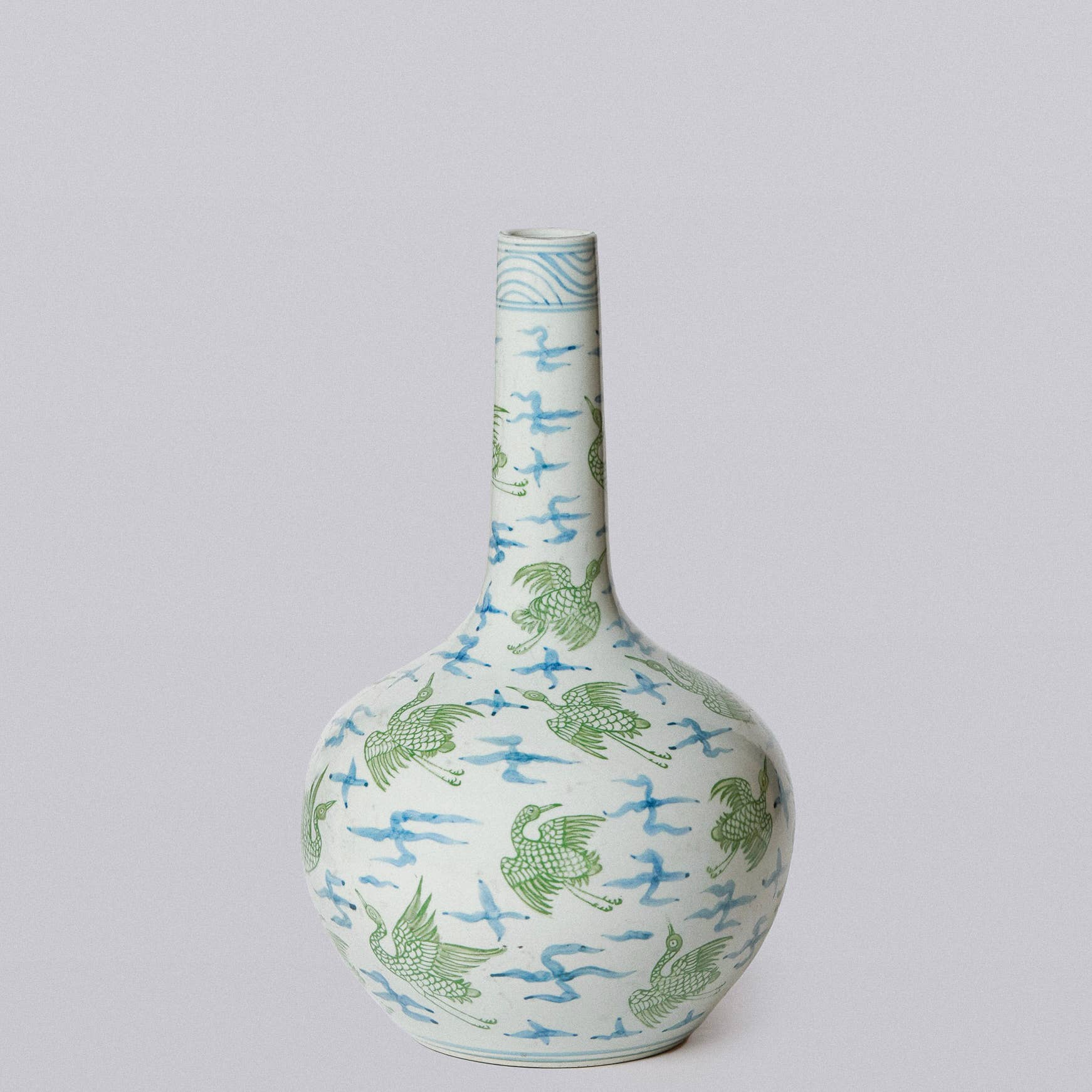 Cobalt Guild - Green and Blue Porcelain Cranes and Clouds Globe Vase - Gaines Jewelers
