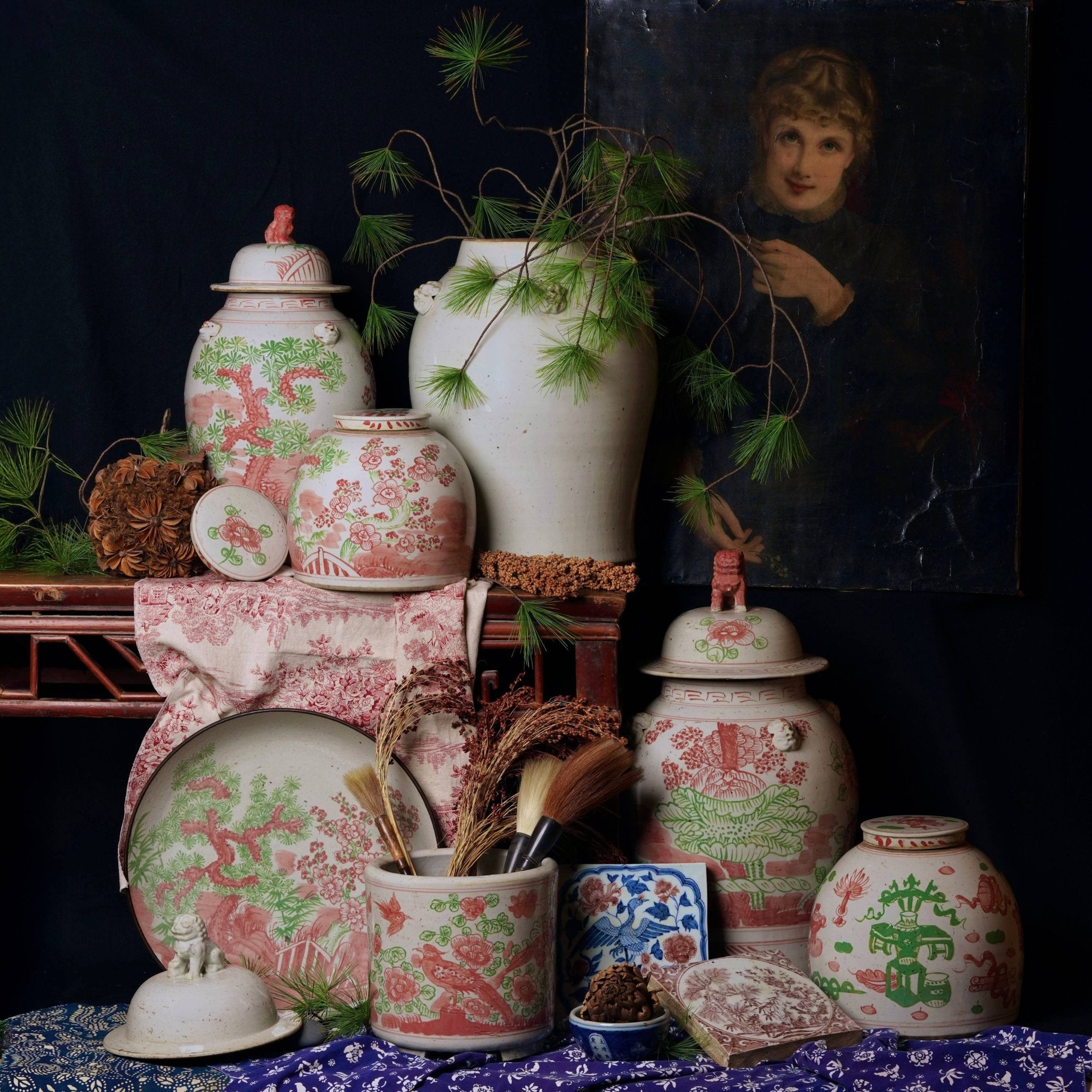 Cobalt Guild - Pink and Green Porcelain Bird and Flower Footed Cachepot - Gaines Jewelers