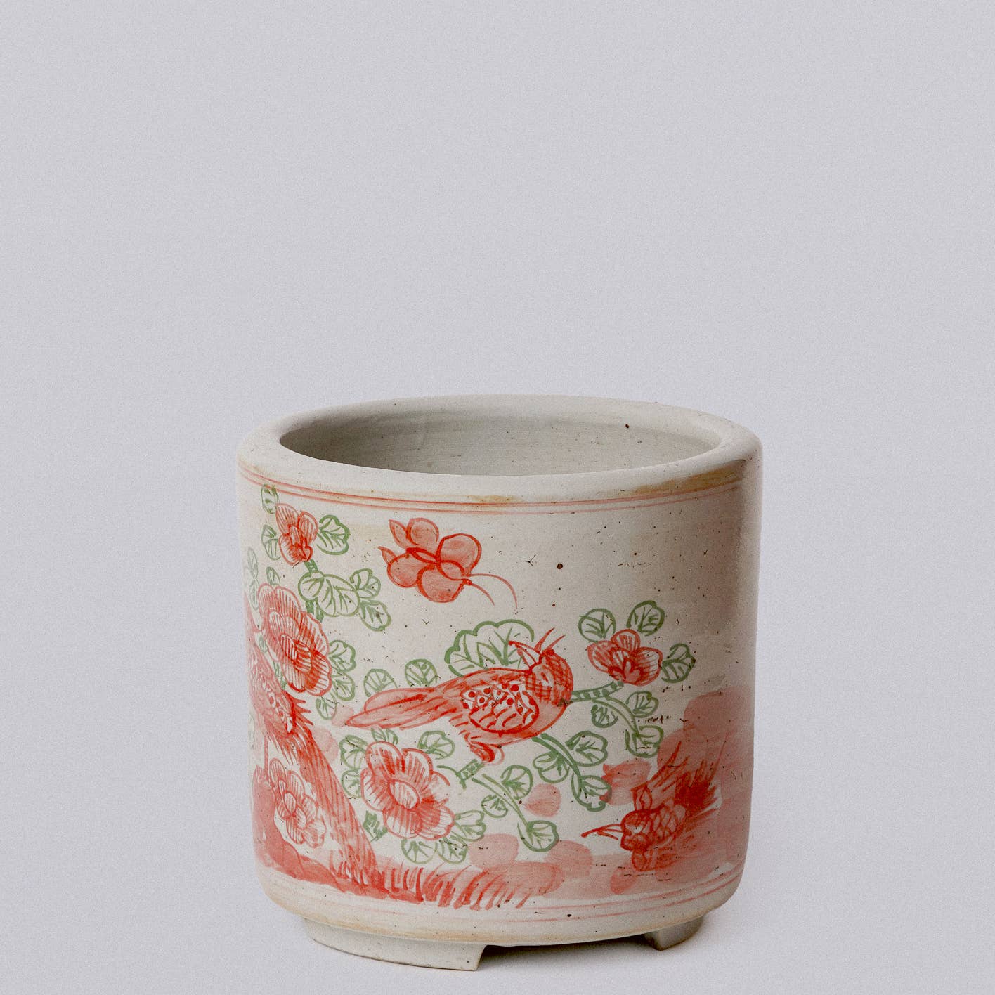 Cobalt Guild - Pink and Green Porcelain Bird and Flower Footed Cachepot - Gaines Jewelers