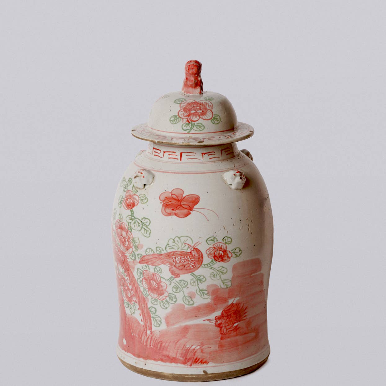 Cobalt Guild - Pink and Green Porcelain Bird and Flower Temple Jar - Gaines Jewelers