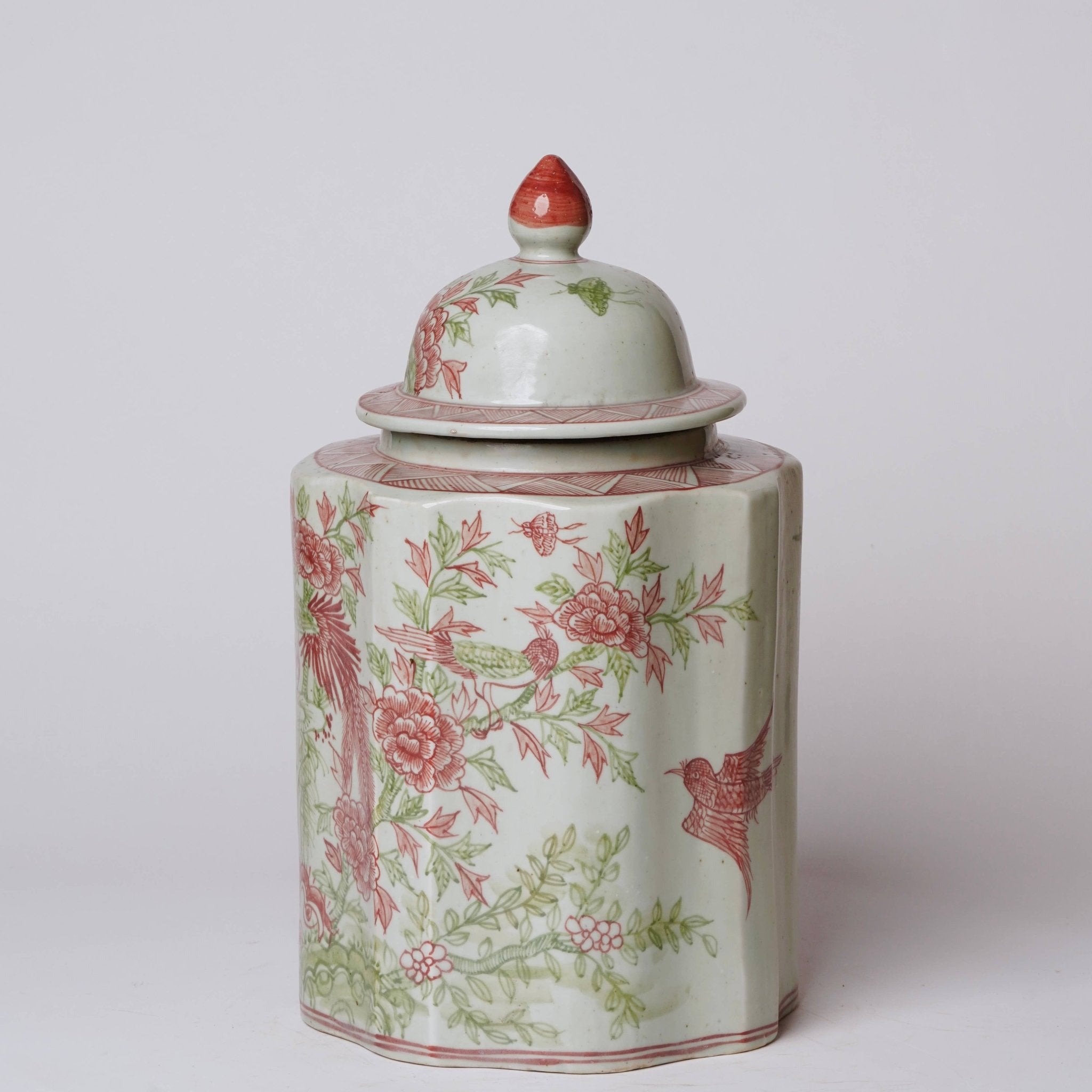 Cobalt Guild - Pink and Green Porcelain Golden Pheasant Ribbed Lidded Jar - Gaines Jewelers