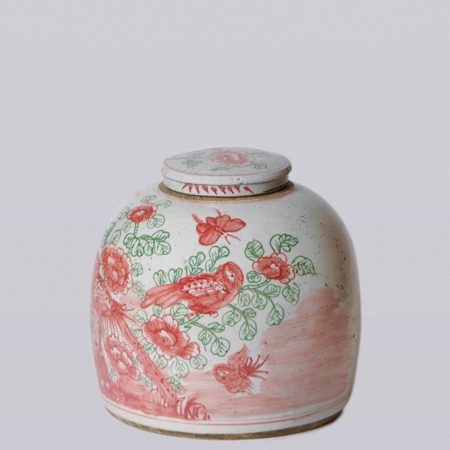 Cobalt Guild - Pink & Green Rustic Porcelain Bird & Flower Large Lidded Jar - Gaines Jewelers