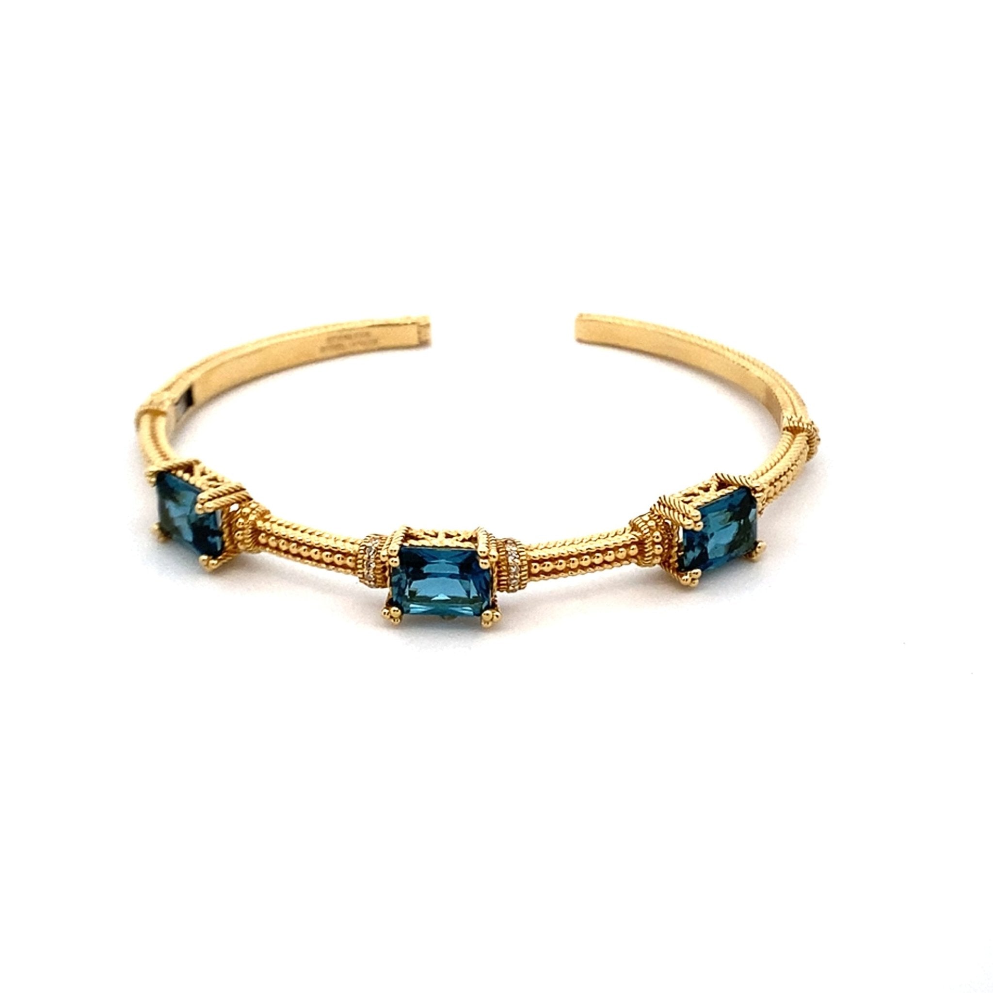 Cuff bangle bracelet with 3 emerald London blue topaz 14kt yellow gold - Gaines Jewelers