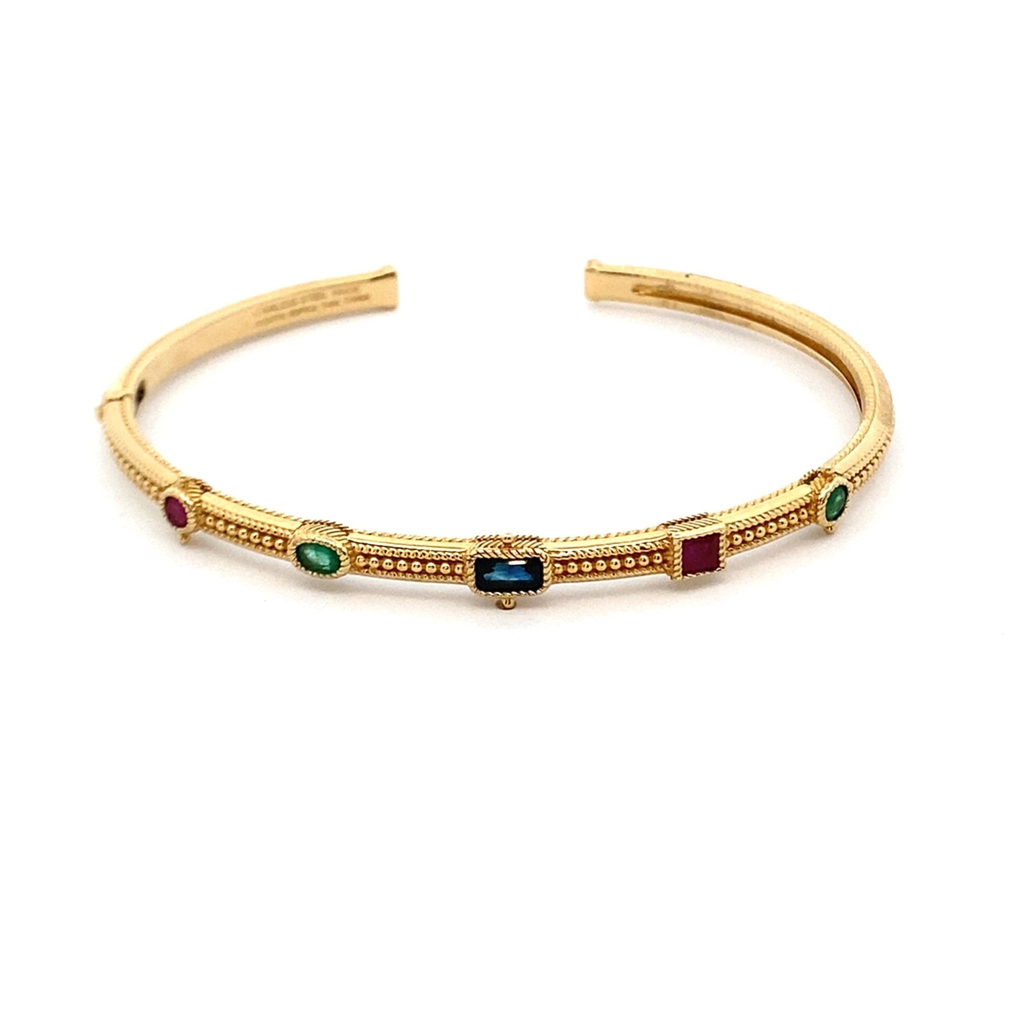 Cuff bangle with multi color stones, hinged 14kt yellow gold - Gaines Jewelers