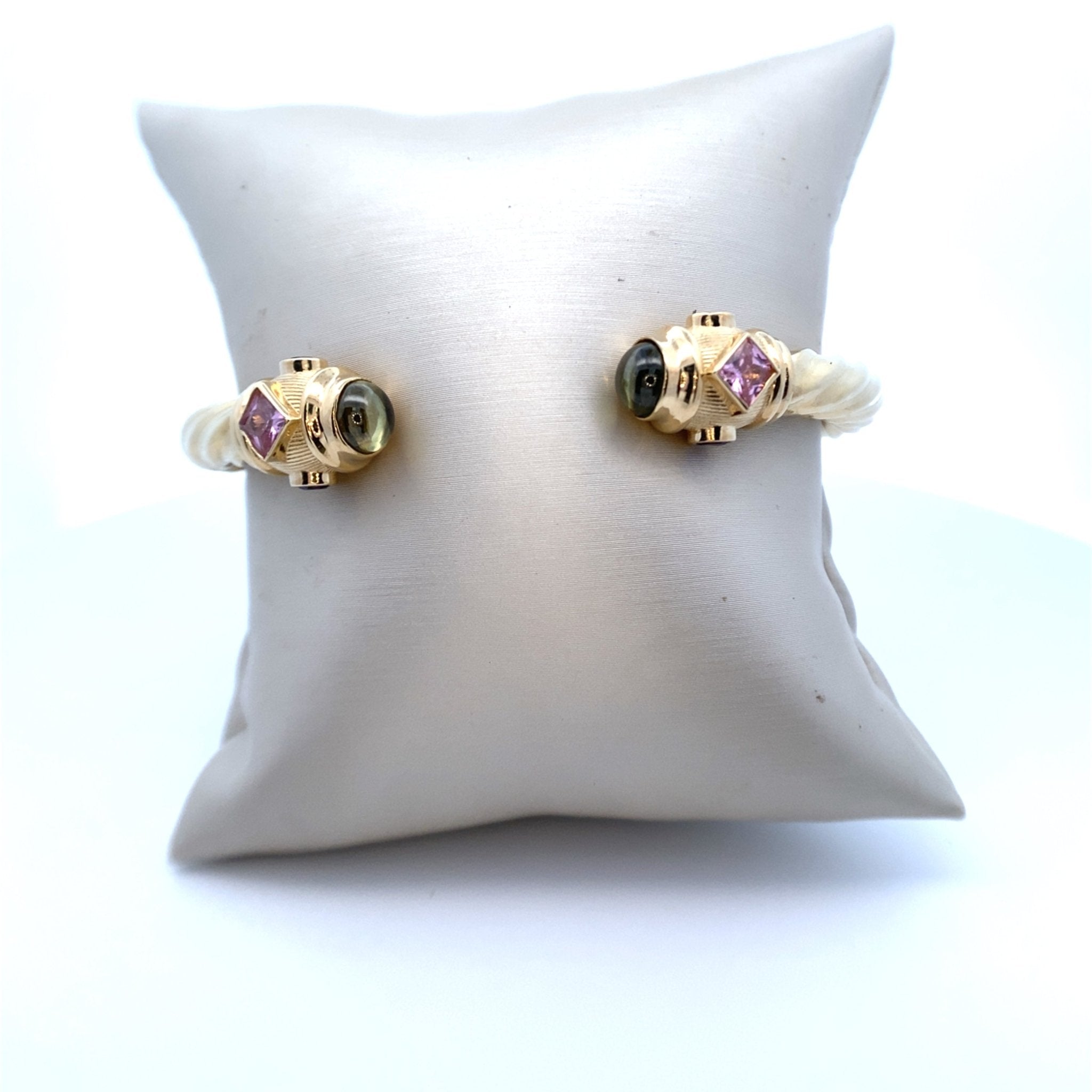 Cuff bangle with multi color top end caps, twist textured, hinged, 14kt yellow gold - Gaines Jewelers