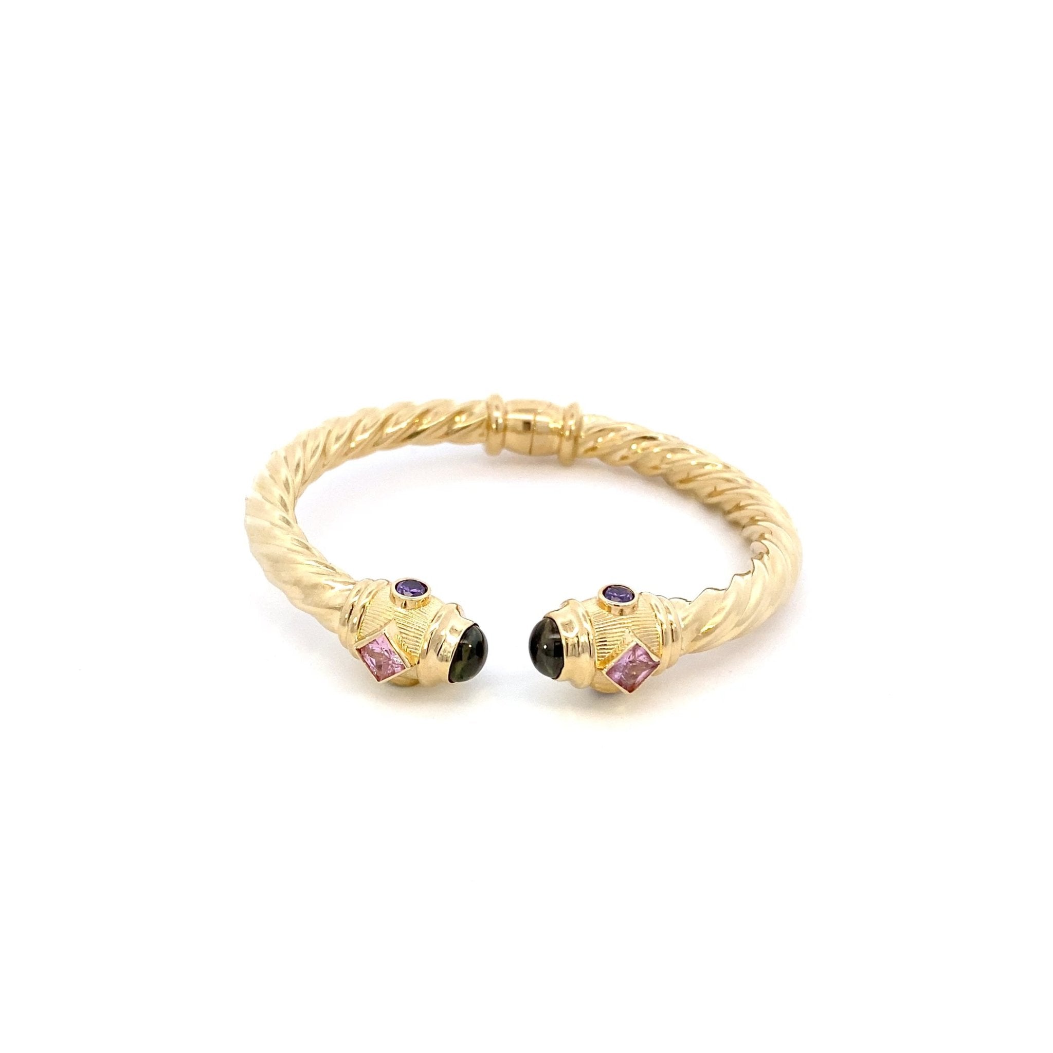 Cuff bangle with multi color top end caps, twist textured, hinged, 14kt yellow gold - Gaines Jewelers