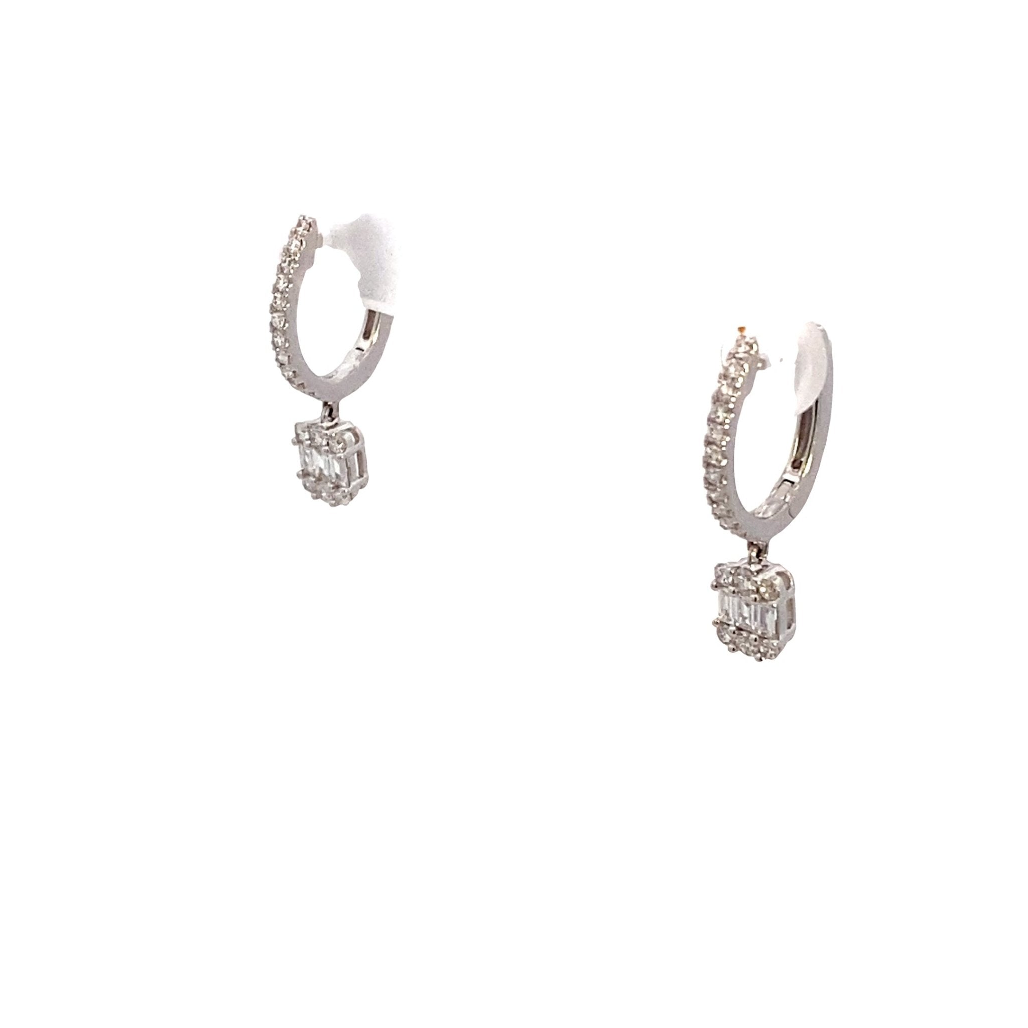 Earrings- diamond hoops with square dangle 14kt white gold - Gaines Jewelers