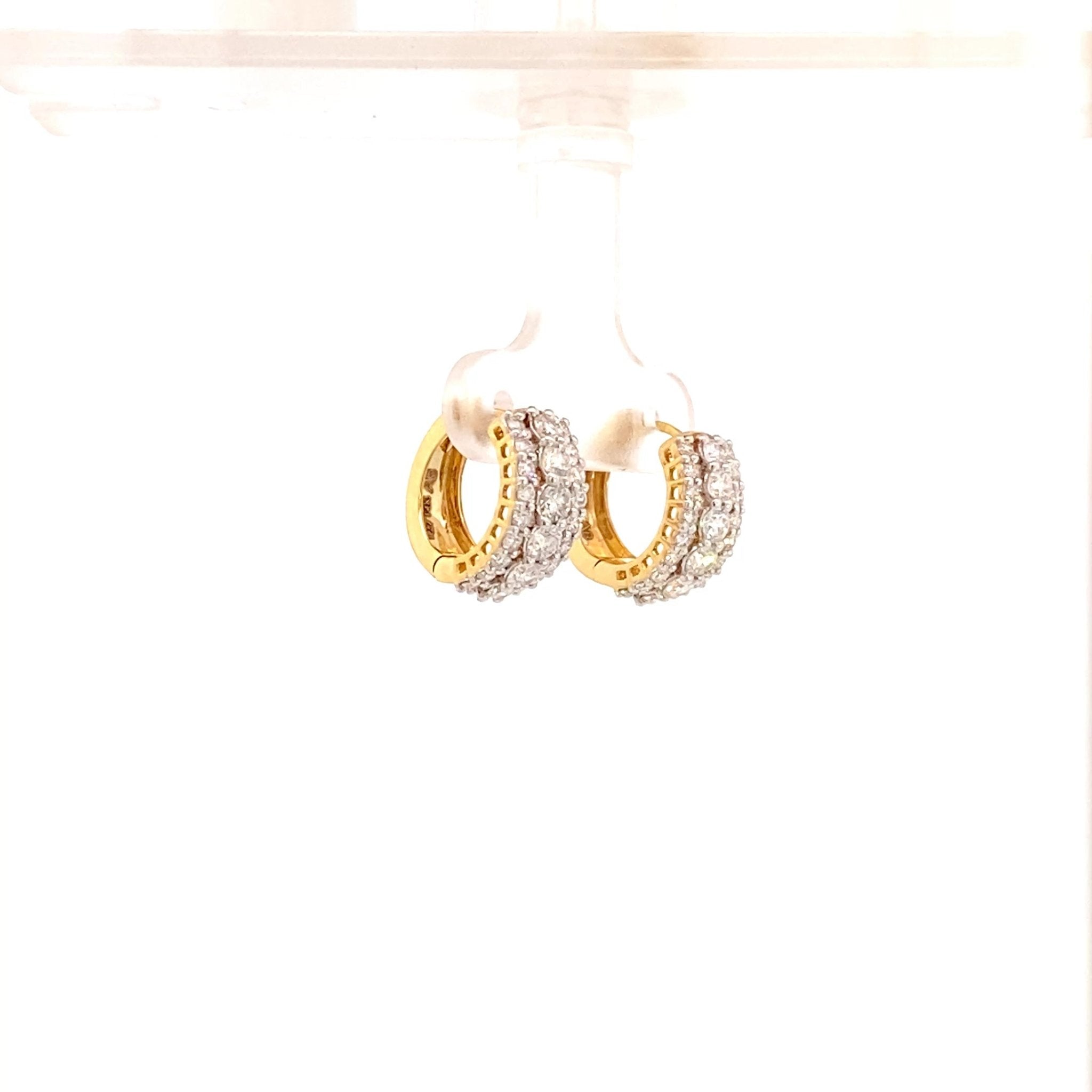 Earrings huggie style with 3 rows of diamonds 14kt white and yellow gold - Gaines Jewelers