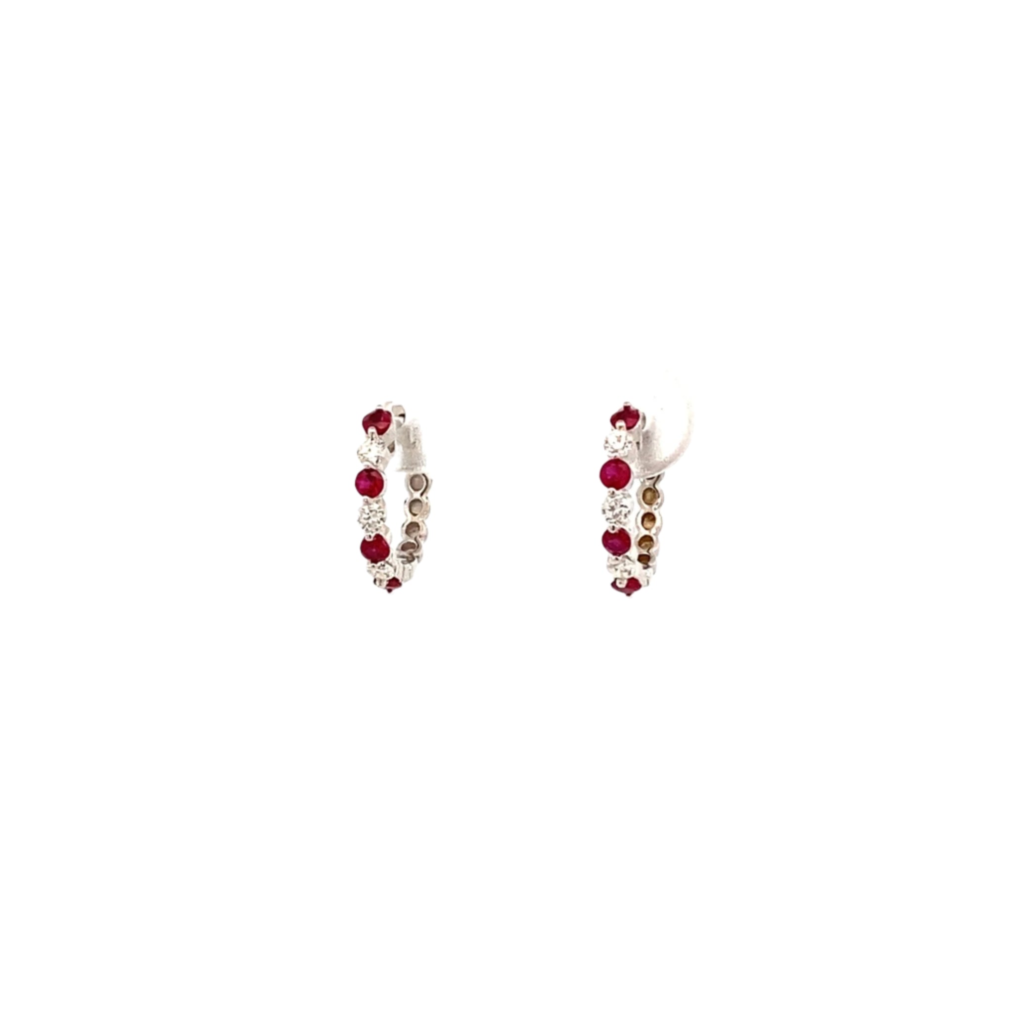 Earrings - ruby and diamond tiny hoops 14kt. white gold - Gaines Jewelers