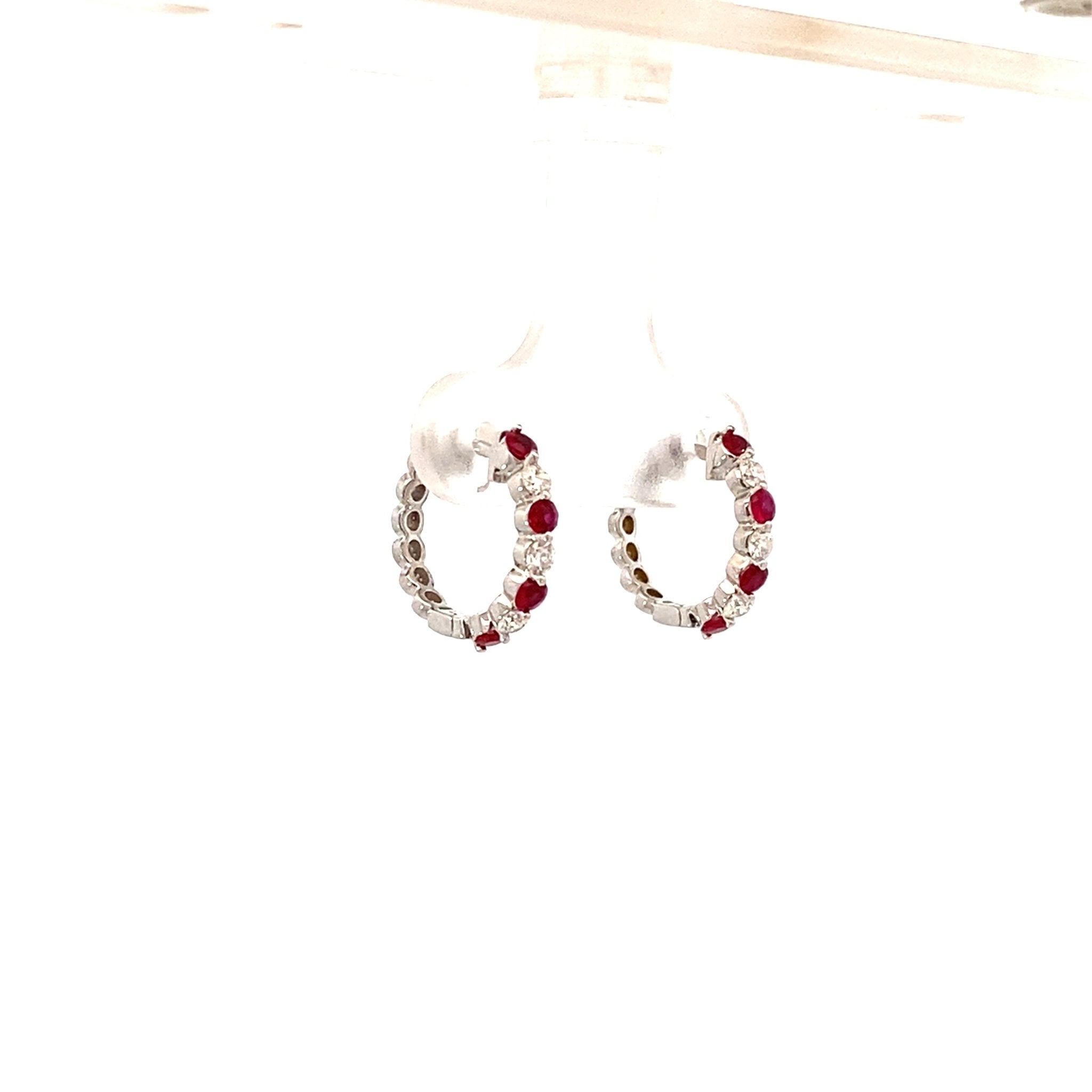 Earrings - ruby and diamond tiny hoops 14kt. white gold - Gaines Jewelers