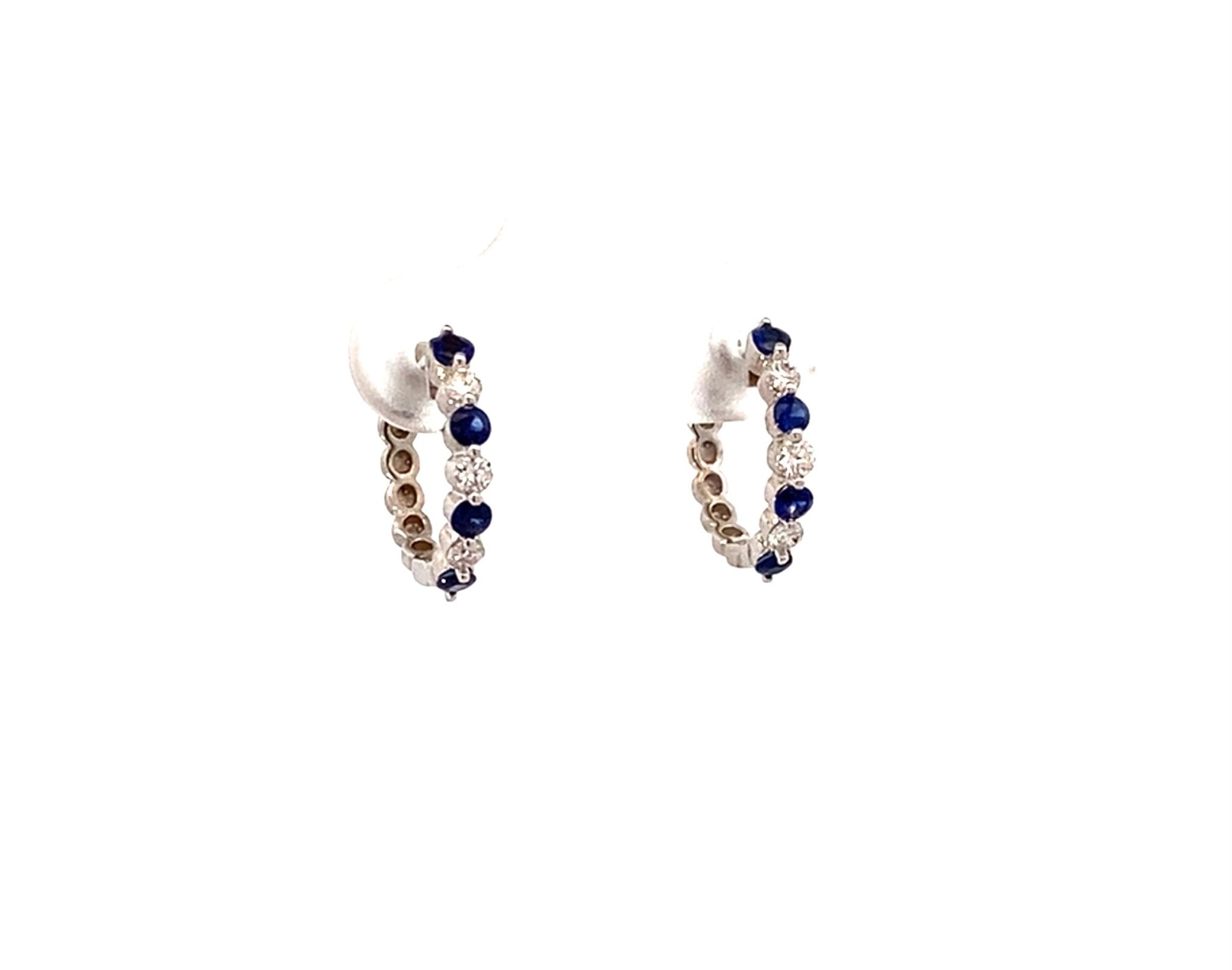 Earrings - sapphire and diamond tiny hoops 14ky white gold - Gaines Jewelers