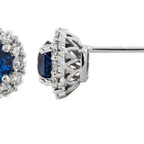 Earrings set with 2 round sapphires with diamond halos in 14kt white gold - Gaines Jewelers