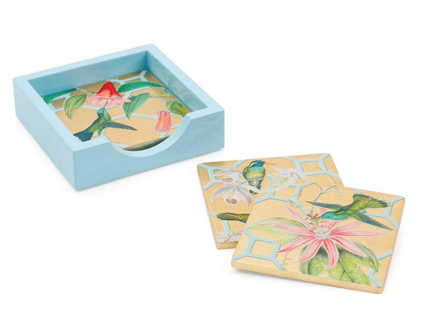 Hummingbird Trellis Square Lacquer Coasters in Holder - Set of 4 - Caspari - Gaines Jewelers