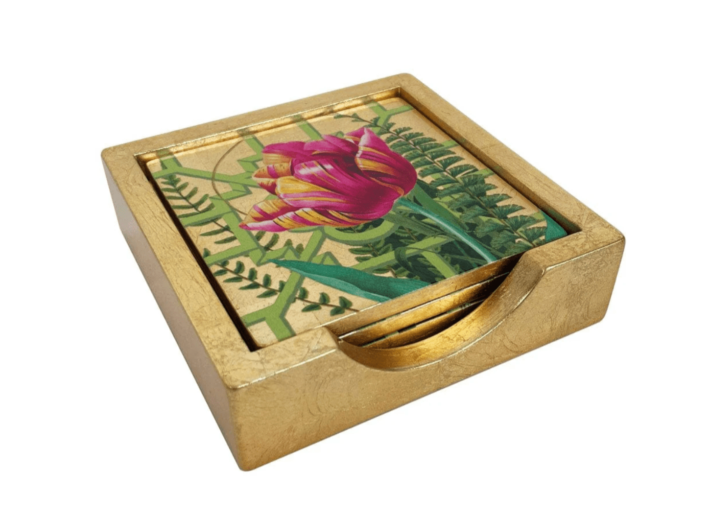 La Dolce Vita Gold Lacquer Coasters - Set Of 4 Coasters In Holder - Caspari - Gaines Jewelers