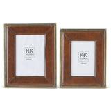Large 5x7 Brown Leather Gold Metal Trimmed Photo Frame - K&K Interiors - Gaines Jewelers