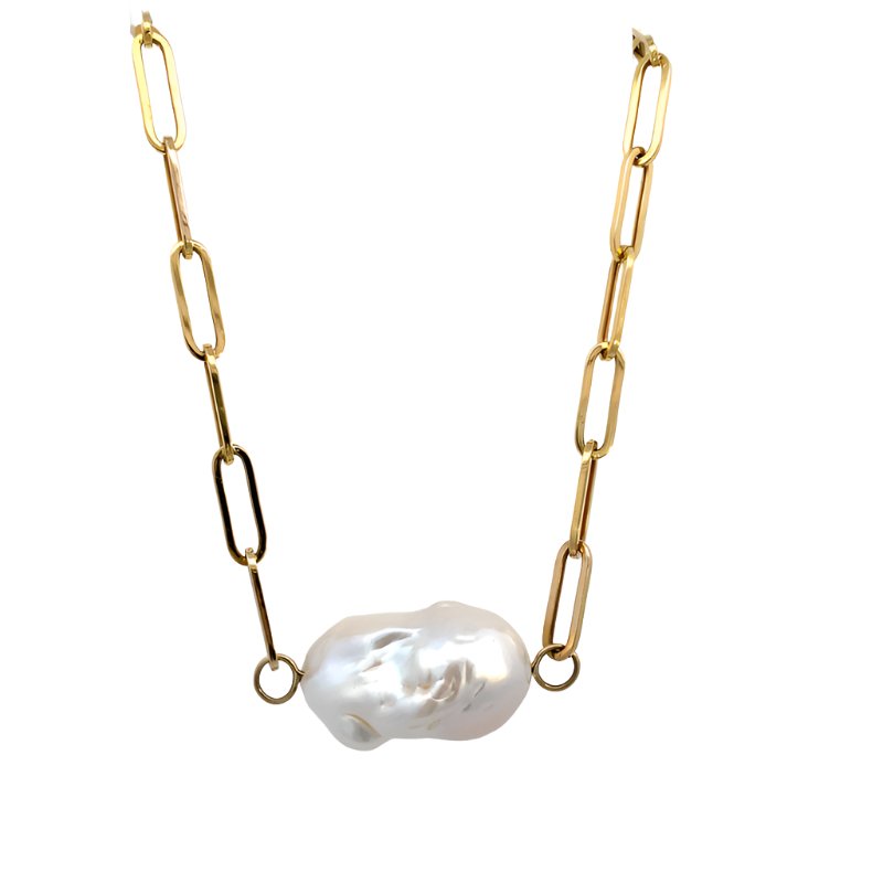 Necklace Baroque pearl on end baroque pearl paperclip - Gaines Jewelers