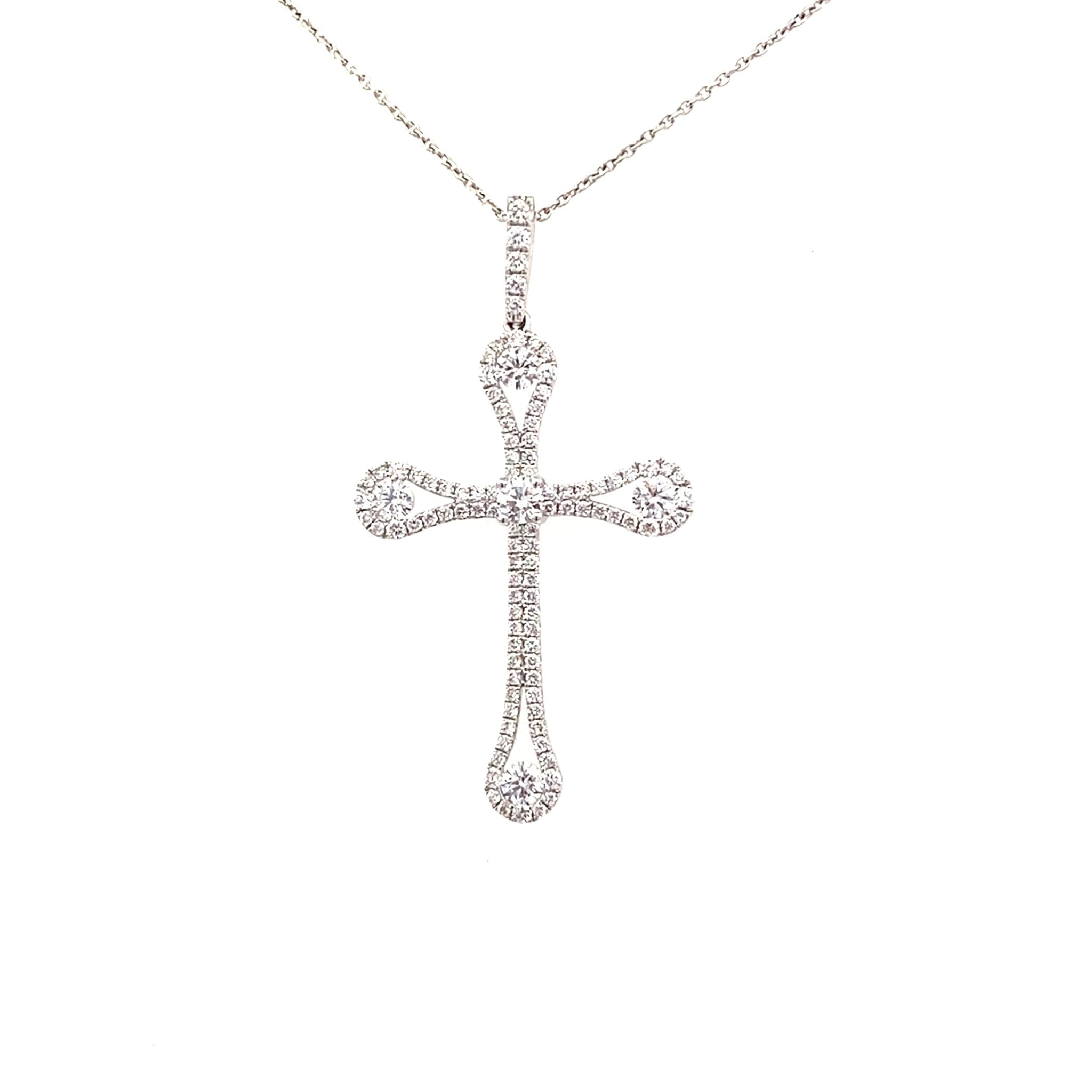 Necklace diamond cross large with clusters in ends 18kt white gold - Gaines Jewelers