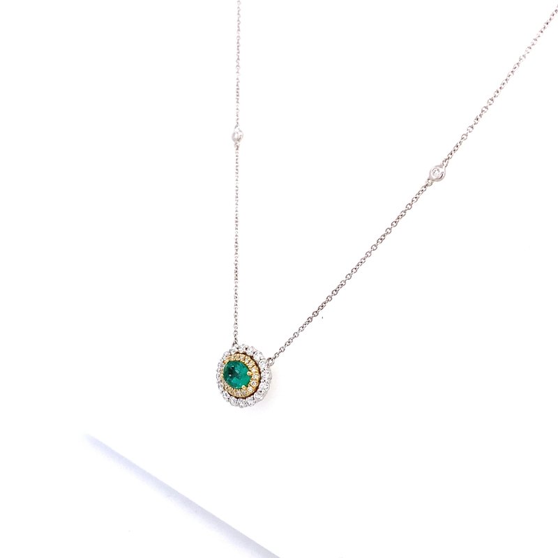 Necklace emerald with double diamond halo on diamond by yard chain - Gaines Jewelers