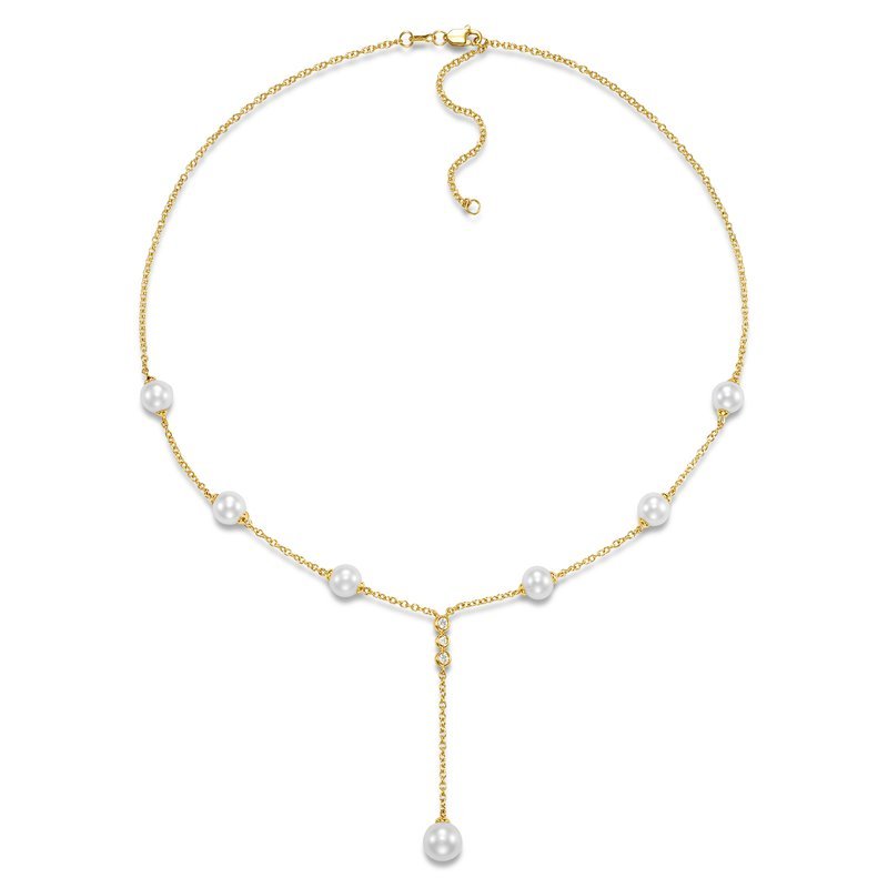 Necklace in a Y style with stations of pearls with diamond accents 18kt yellow gold - Gaines Jewelers
