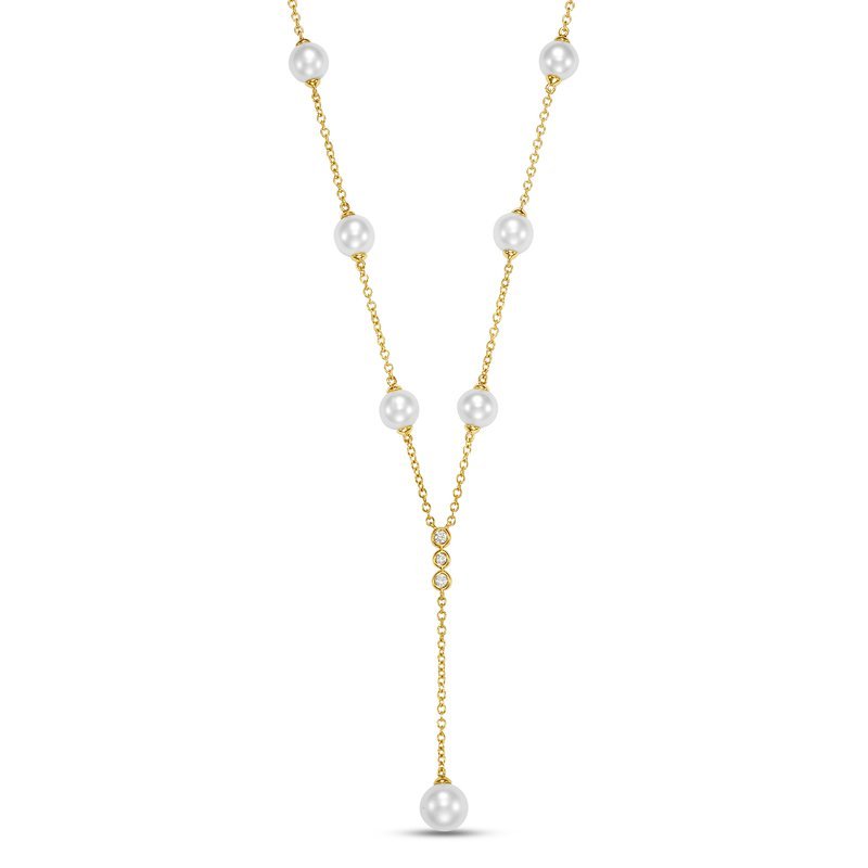 Necklace in a Y style with stations of pearls with diamond accents 18kt yellow gold - Gaines Jewelers