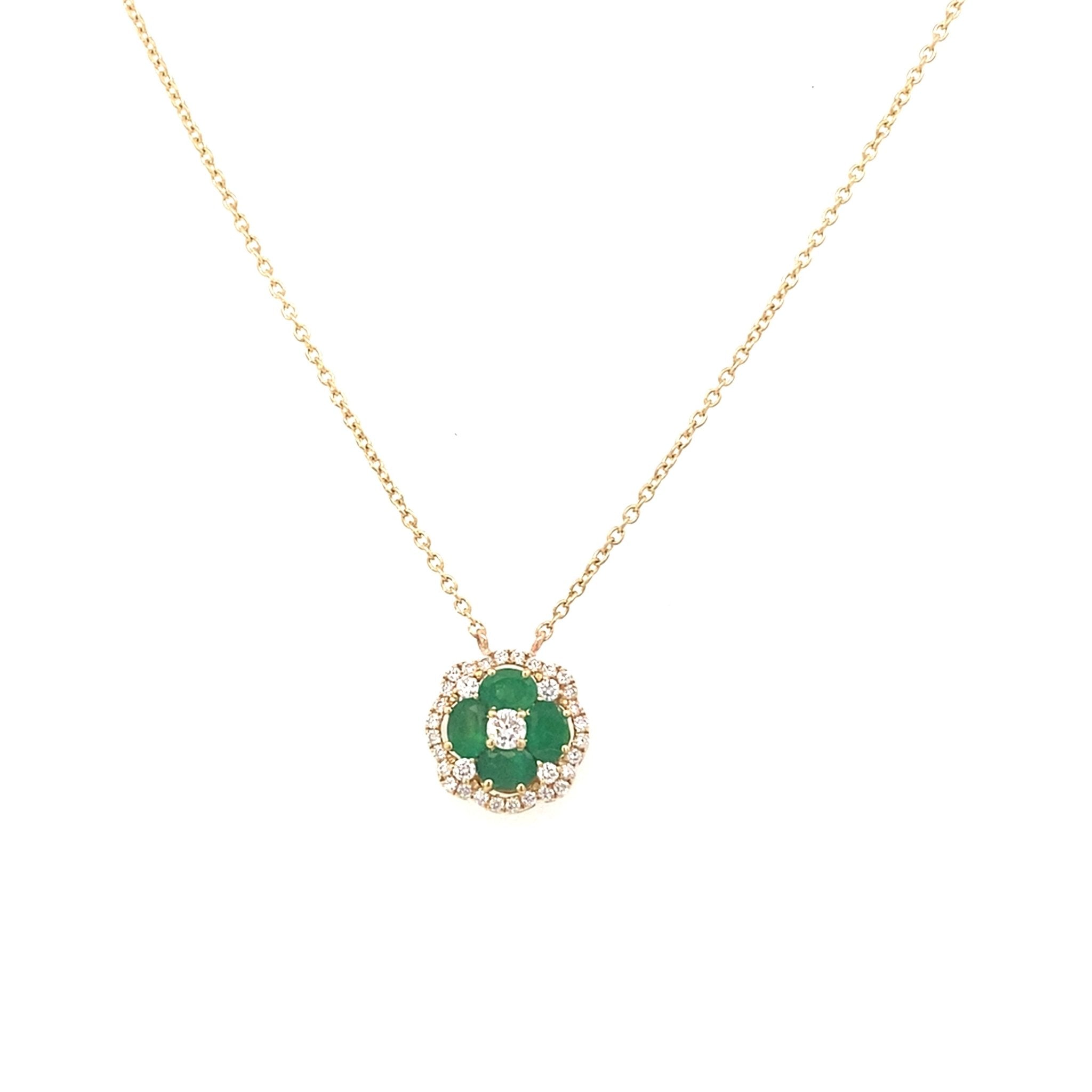 Necklace round cluster of emeralds and diamonds fixed on a chain 18kt yellow gold - Gaines Jewelers