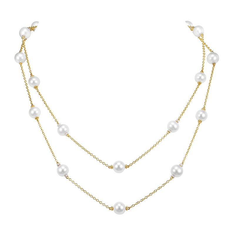 Necklace with 19 pearl stations accented with diamonds 36" 18kt yellow gold - Gaines Jewelers