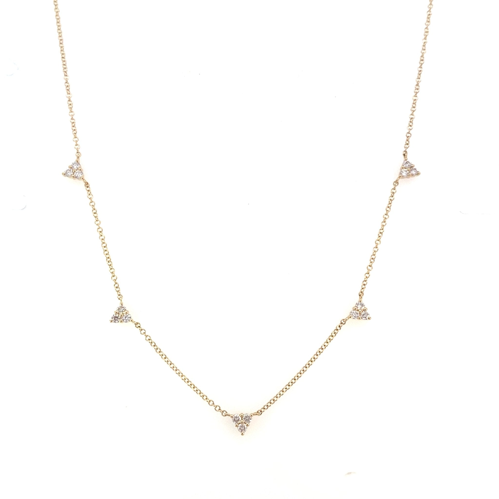 Necklace with 5 diamond stations, triangular shaped 14kt yellow gold - Gaines Jewelers