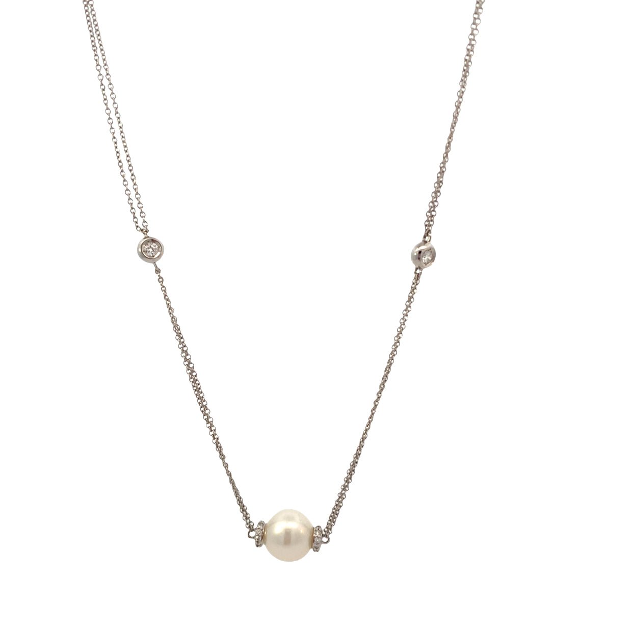 Necklace with a 9.5mm pearl accented with diamond caps & diamond in chain 18kt white gold - mastoloni - Gaines Jewelers