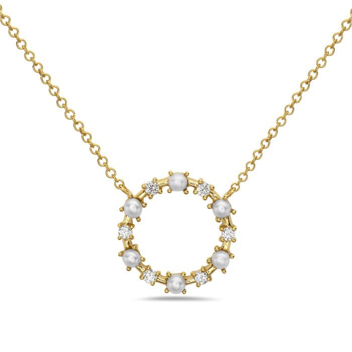 Necklace with a fixed circle of pearls & diamonds on a thin chain 14kt yellow gold - Gaines Jewelers