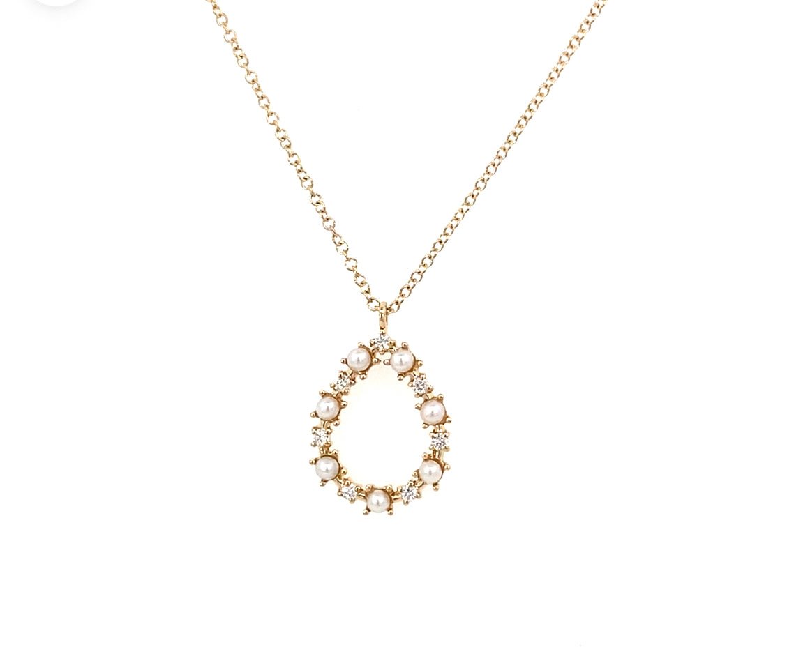Necklace with a pear - shaped open drop set with pearls & diamond 14kt yellow gold - Gaines Jewelers