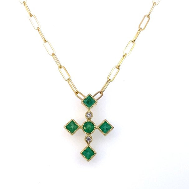 Pendant designed as a cross set with emeralds and diamonds 14kt yellow gold - Gaines Jewelers