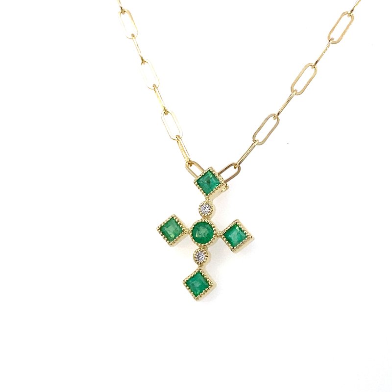 Pendant designed as a cross set with emeralds and diamonds 14kt yellow gold - Gaines Jewelers