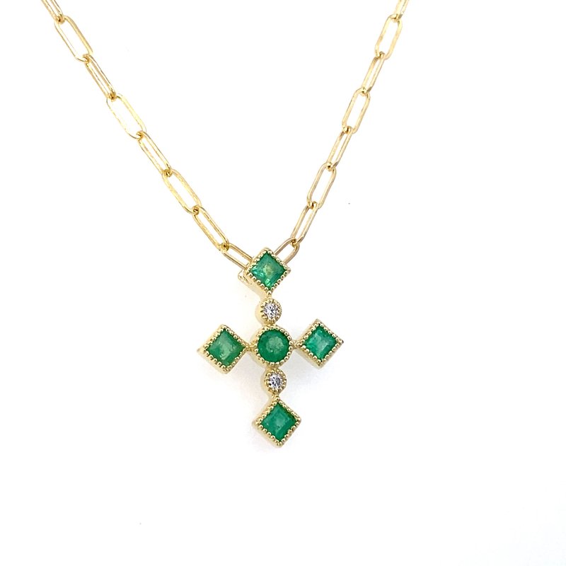 Pendant designed as a cross set with emeralds and diamonds 14kt yellow gold - Gaines Jewelers
