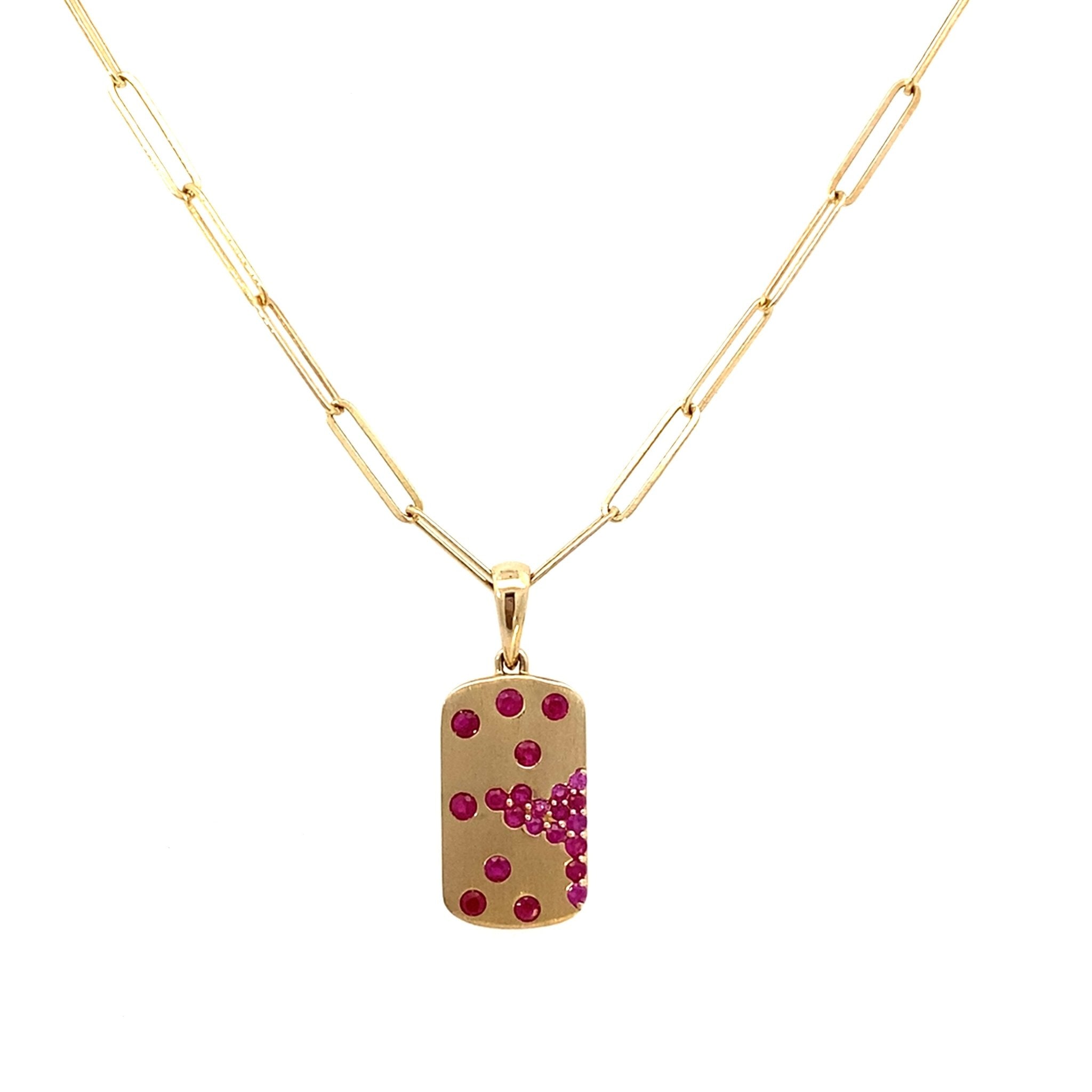 Pendant rubies on a rectangular tag paperclip chain 14kt yellow gold - Gaines Jewelers