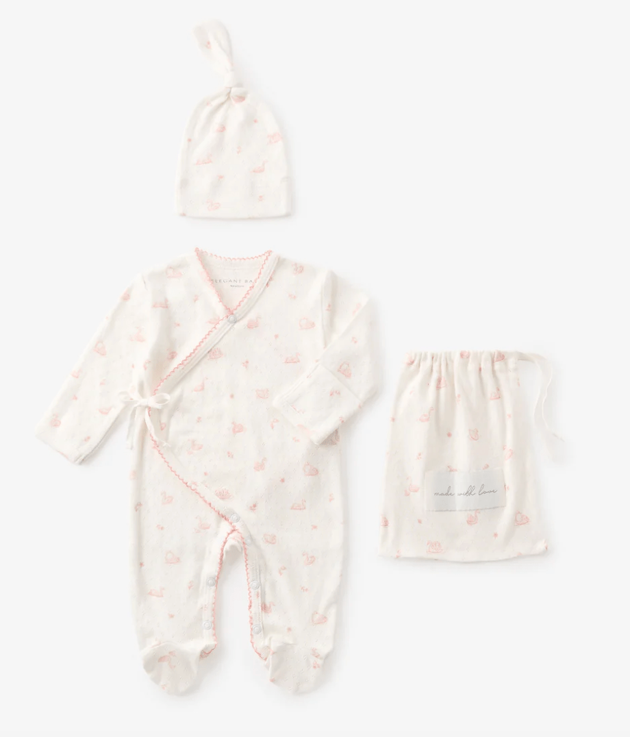 Pink Swan Print Organic Cotton Pointelle Layette 2 Pc Gift Set NB - Elegant Baby - Gaines Jewelers