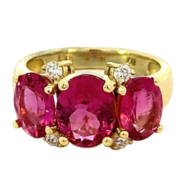 Pink tourmaline ring with 3 stones accented with diamonds in 18kt yellow gold - Gaines Jewelers