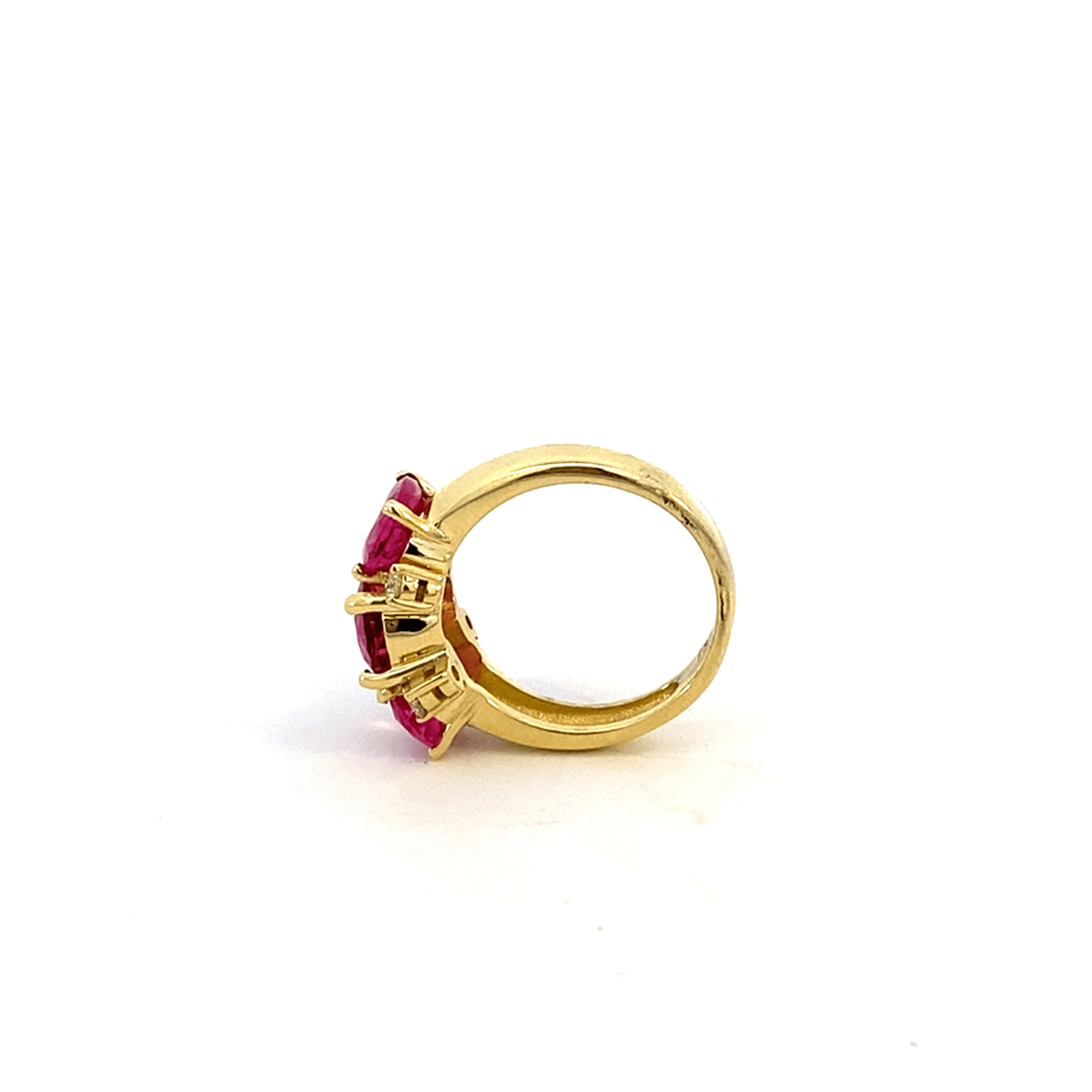 Pink tourmaline ring with 3 stones accented with diamonds in 18kt yellow gold - Gaines Jewelers