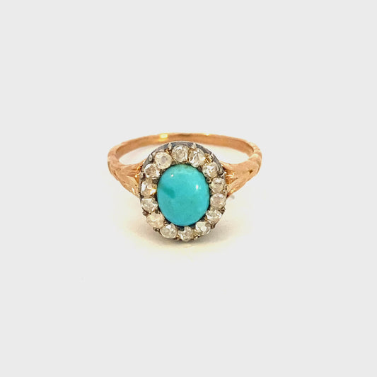 Antique turquoise and diamond cluster ring
