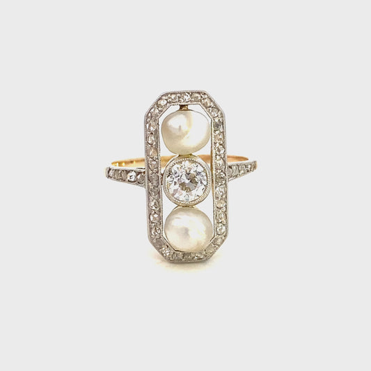 Antique ring 2 pearls and 1 diamond yellow and white gold